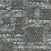 Gray woven fabric swatch with repeating square motifs and mottled background, displaying a textured, slightly raised pattern and visible product code.